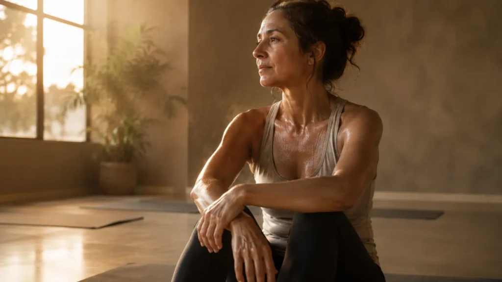A thoughtful woman sitting on a yoga mat with visible perspiration after a session, illustrating the realistic physical and mental benefits of hot yoga in a warm, sunlit studio.