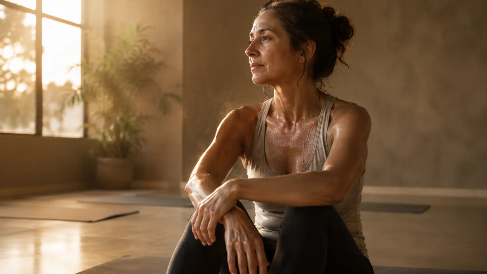 A thoughtful woman sitting on a yoga mat with visible perspiration after a session, illustrating the realistic physical and mental benefits of hot yoga in a warm, sunlit studio.