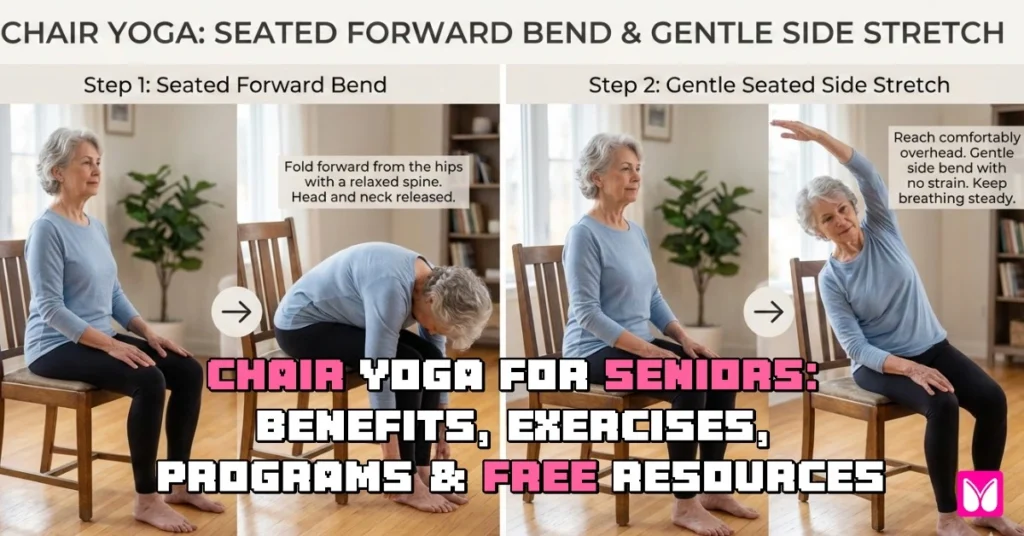 Senior woman practicing gentle chair yoga at home