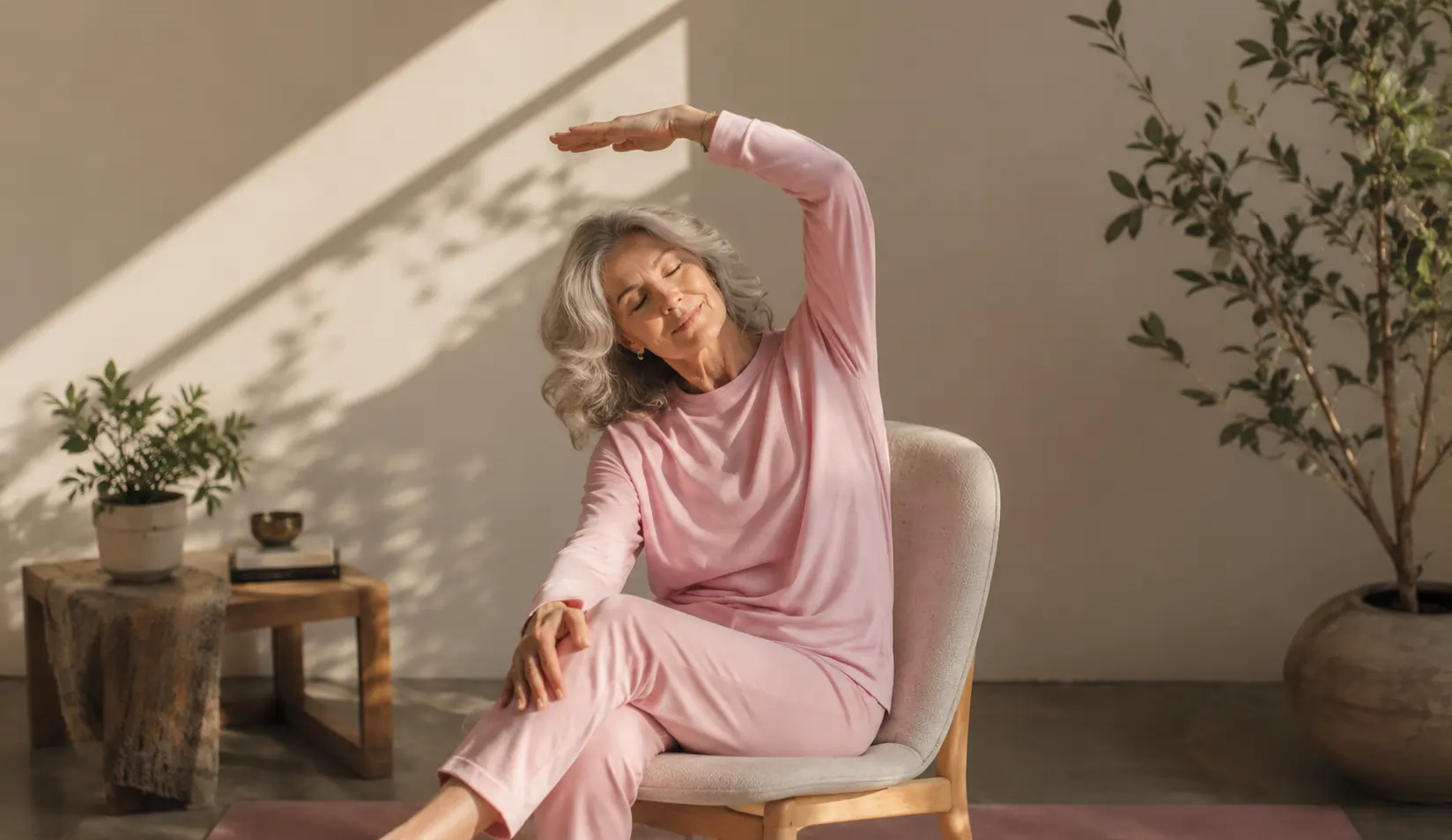 A senior woman with grey hair practicing a seated side stretch during a gentle chair yoga session in a brightly lit room.