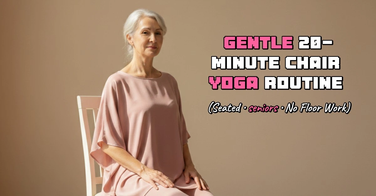 A title graphic featuring a senior woman sitting tall in a chair, with text overlay reading 'Gentle 20-Minute Chair Yoga Routine (Seated, Seniors, No Floor Work).'