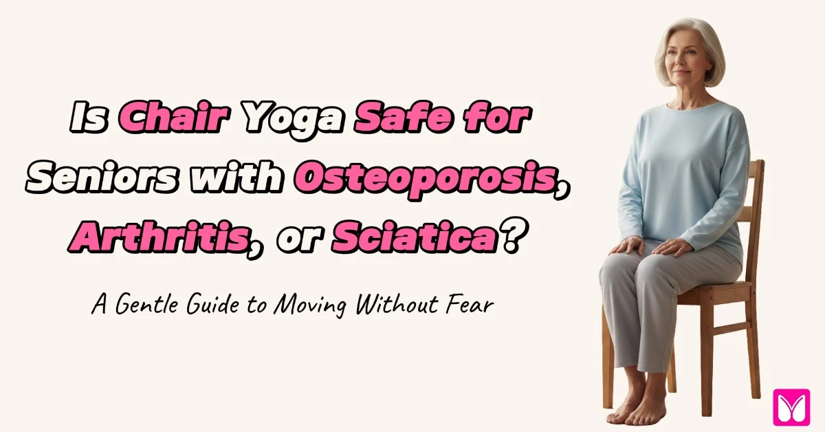 Senior woman practicing gentle chair yoga at home with upright neutral spine posture for safe movement.