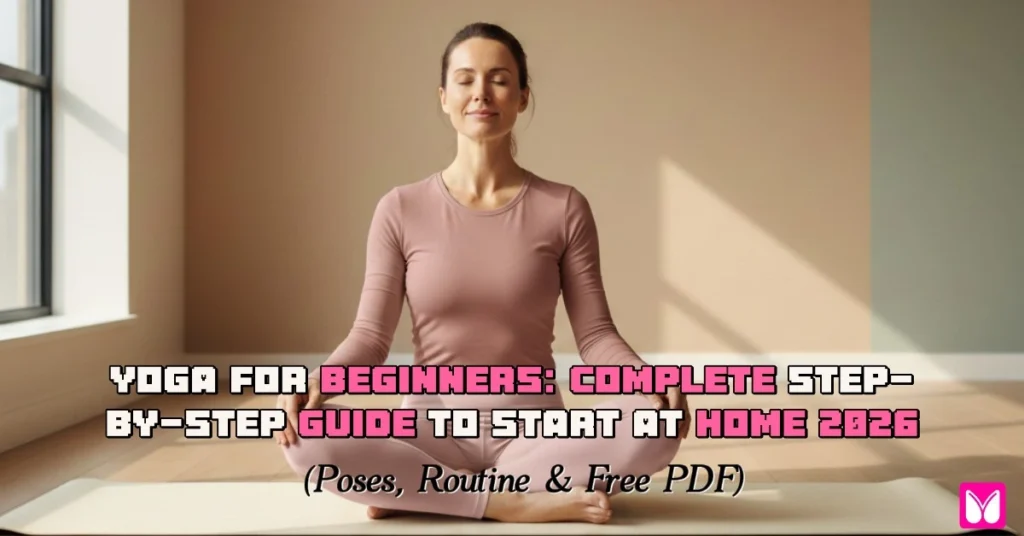 A woman meditating on a mat with text overlay: Yoga for Beginners: Complete Step-by-Step Guide to Start at Home 2026 including Poses, Routine, and Free PDF.