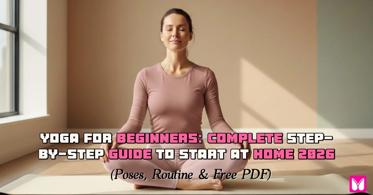 A woman meditating on a mat with text overlay: Yoga for Beginners: Complete Step-by-Step Guide to Start at Home 2026 including Poses, Routine, and Free PDF.