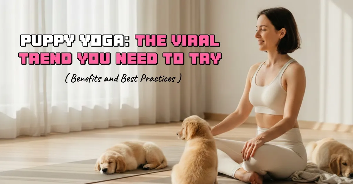 A woman meditating peacefully with golden retriever puppies, illustrating the viral trend of puppy yoga and its mental health benefits.