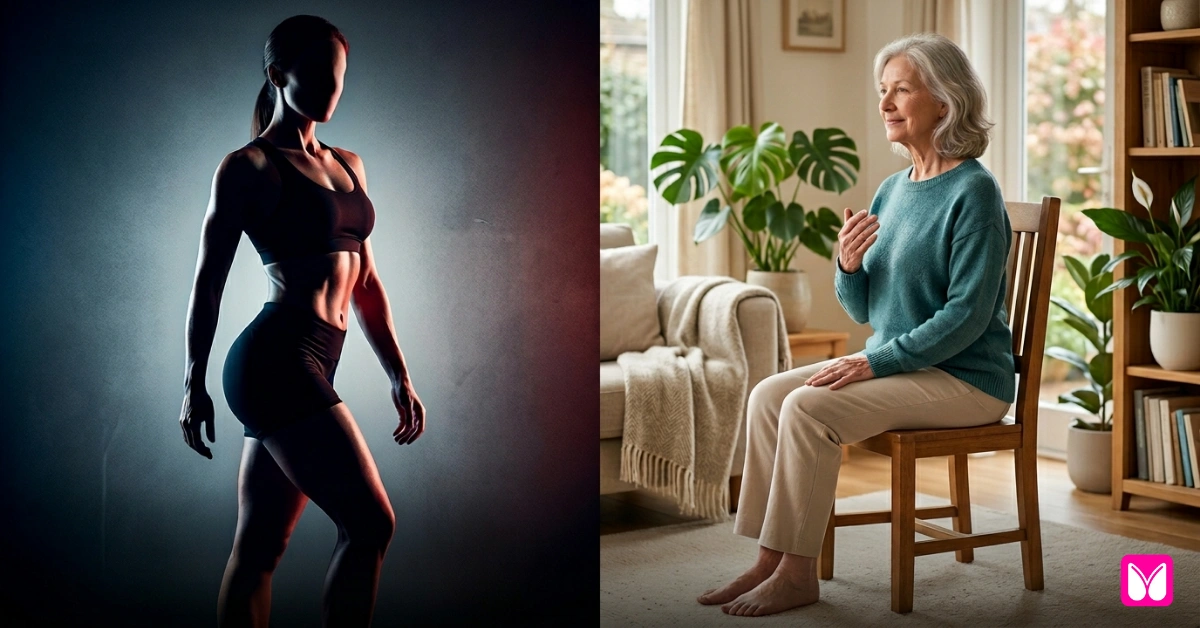 A senior woman in a purple yoga outfit sitting on a chair with a serene expression, symbolizing the calm and accessibility of chair yoga. The text overlay reads "IS CHAIR YOGA A SCAM? AN HONEST, EVIDENCE-BASED GUIDE FOR SENIORS."