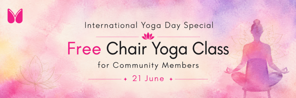 Mindfullyoga International Yoga Day banner promoting free Chair Yoga classes for community members on 21 June, featuring a senior woman practicing gentle Chair Yoga to support mindfulness, mobility, emotional wellness, and overall well-being.