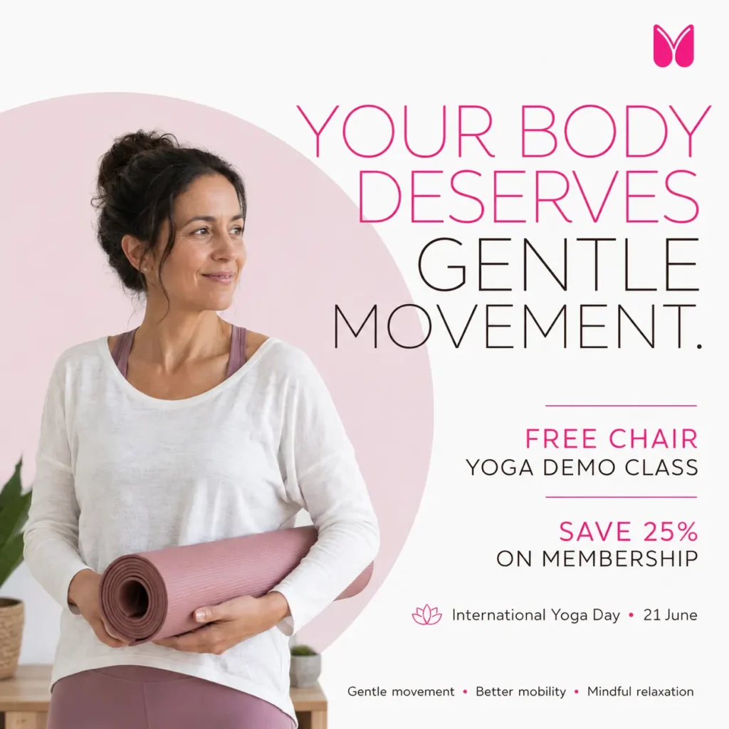 Promotional poster by Mindfullyoga featuring a free Chair Yoga demo class and 25% membership discount for International Yoga Day, encouraging gentle movement, improved mobility, and mindful relaxation.