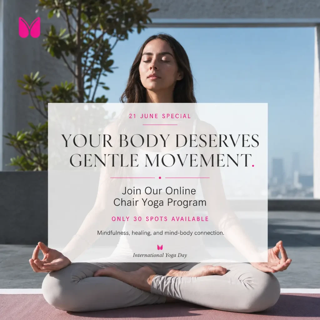 International Yoga Day 2026 promotional banner featuring a woman meditating in lotus pose, inviting users to join Mindfullyoga's online chair yoga program with limited spots available.