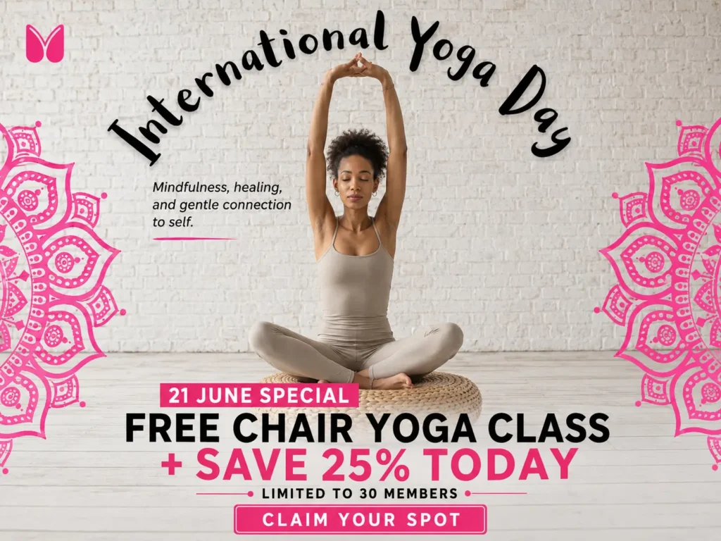 Mindfullyoga International Yoga Day promotional poster featuring a woman meditating in a seated yoga pose, offering a free Chair Yoga class and 25% off membership for the first 30 community members.