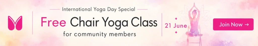 International Yoga Day Special banner by Mindfullyoga promoting a free chair yoga class for community members on 21 June, featuring a meditation silhouette and wellness-themed design.