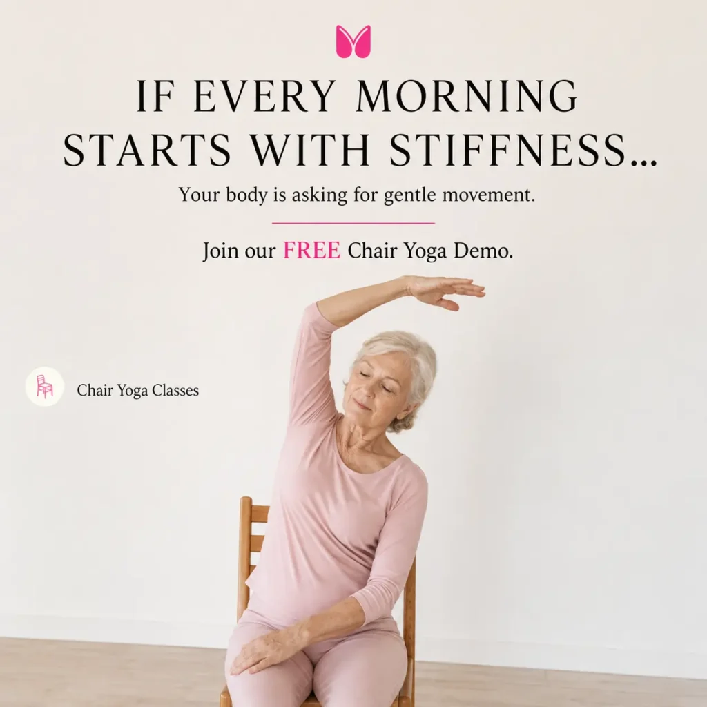 Senior woman practicing a gentle chair yoga side stretch to reduce morning stiffness. Join Mindfullyoga's free online Chair Yoga demo class to improve mobility, flexibility, and overall well-being.