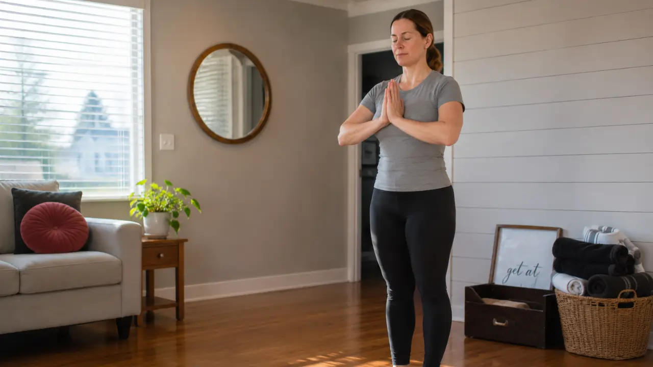10 minute morning yoga for beginners practicing gentle yoga poses at home in a calm modern living room