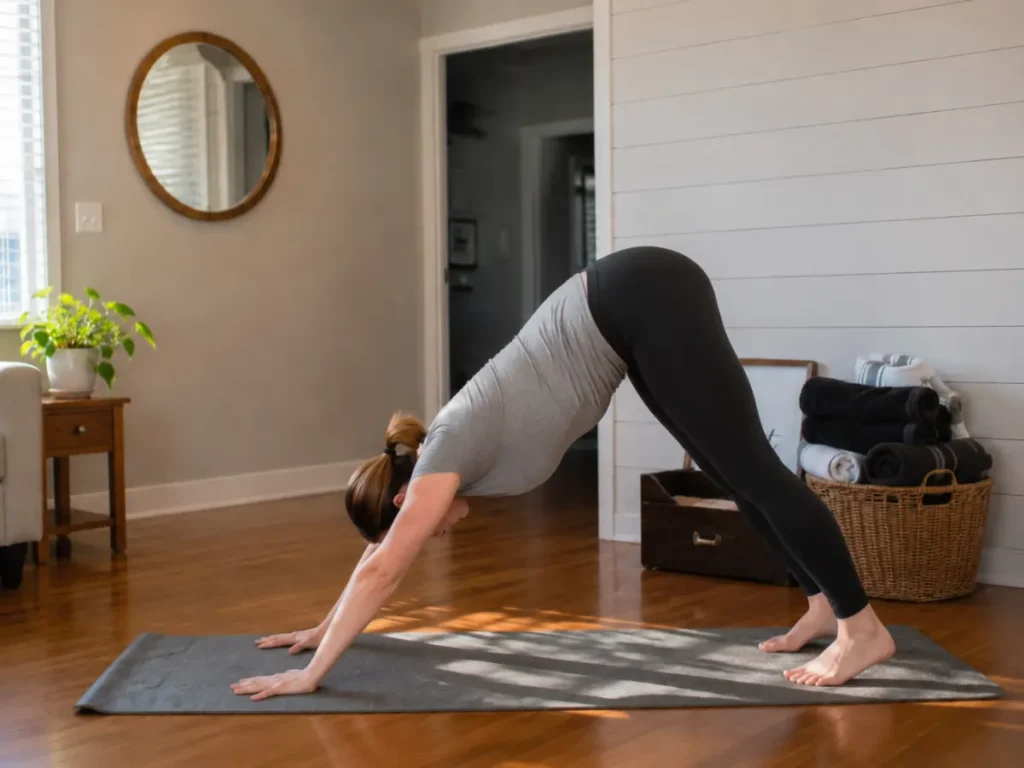 Downward Facing Dog pose for beginners with correct yoga alignment in a realistic home yoga setting