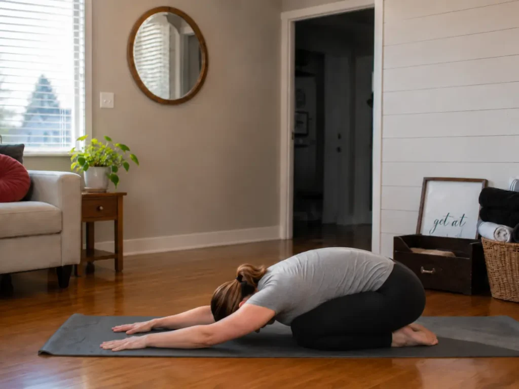 Child’s Pose recovery stretch during beginner morning yoga routine in a peaceful home environment