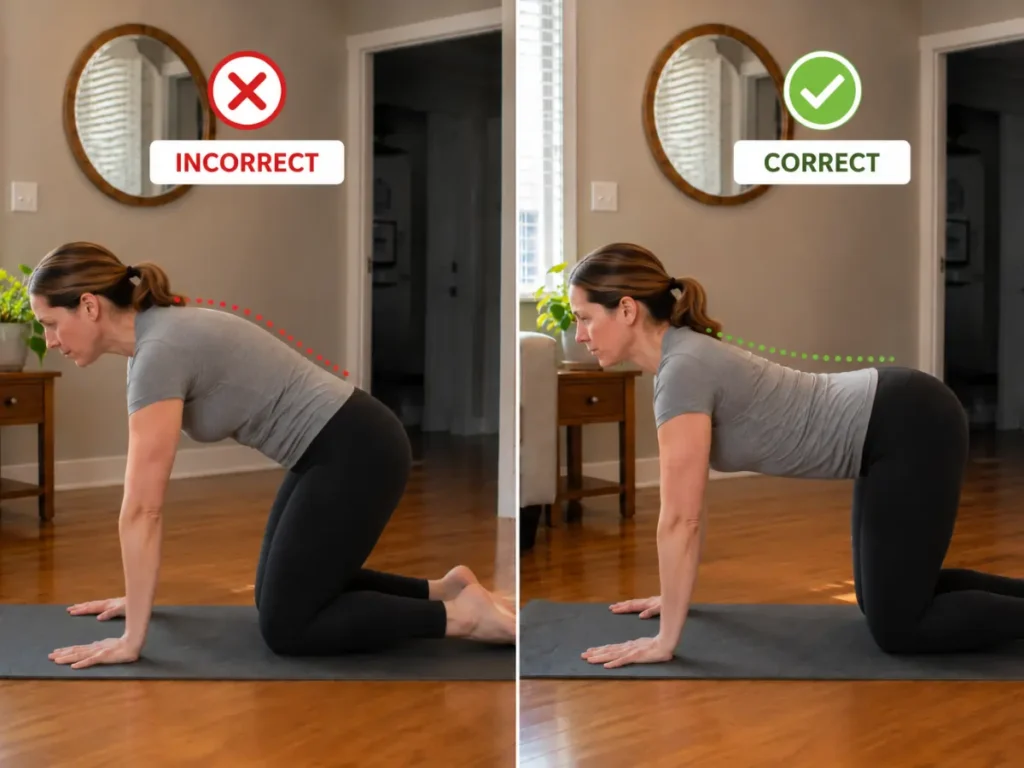 common beginner yoga posture mistakes compared with correct alignment during home yoga practice