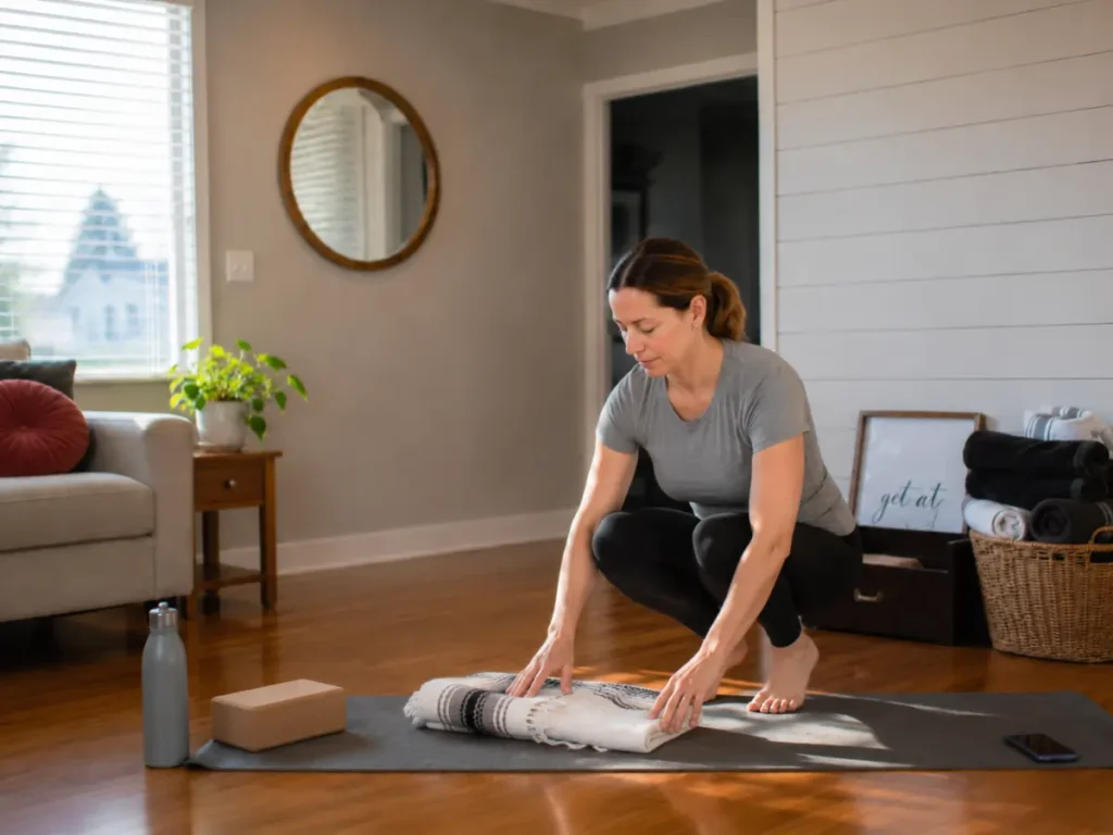beginner morning yoga space setup at home with yoga mat natural light and calming environment