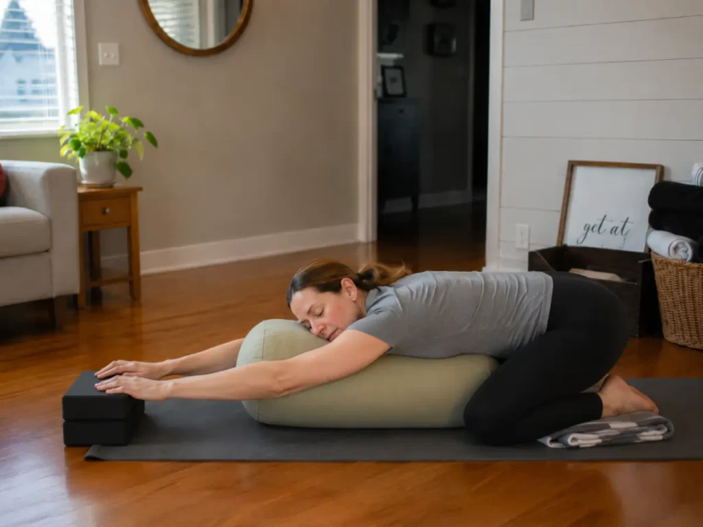 gentle modified morning yoga for beginners using yoga blocks and cushions for support at home