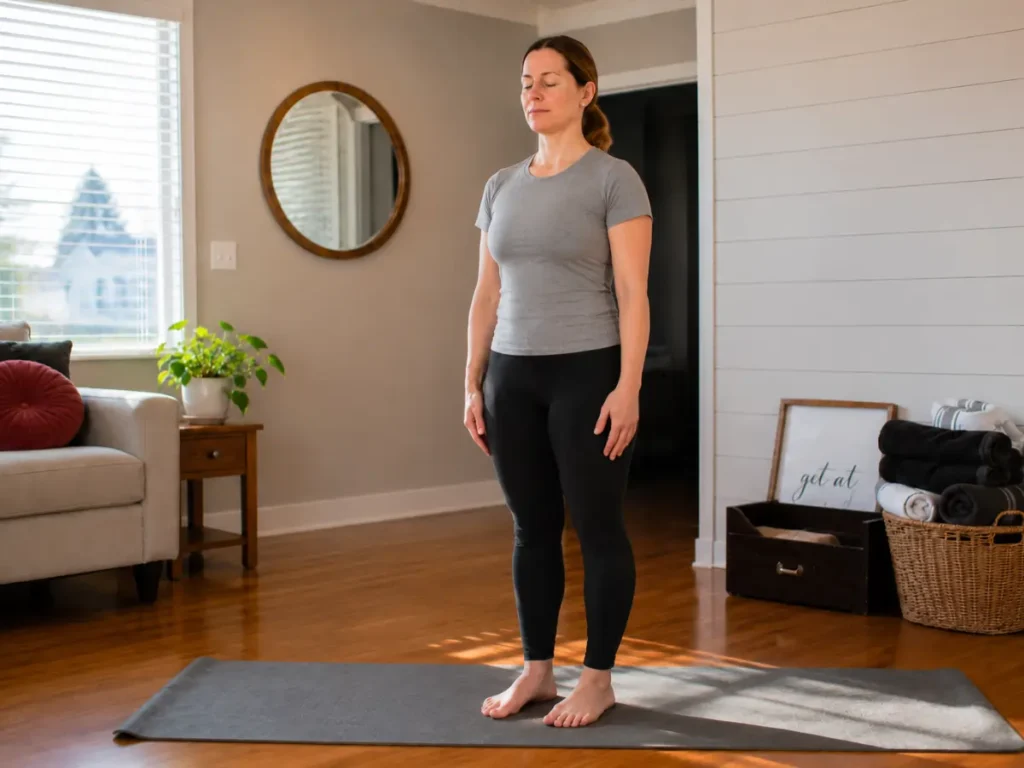 Mountain Pose yoga posture for beginners showing proper standing alignment and balance during morning yoga