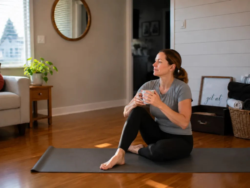 calm beginner after morning yoga routine sitting peacefully near window in cozy home atmosphere
