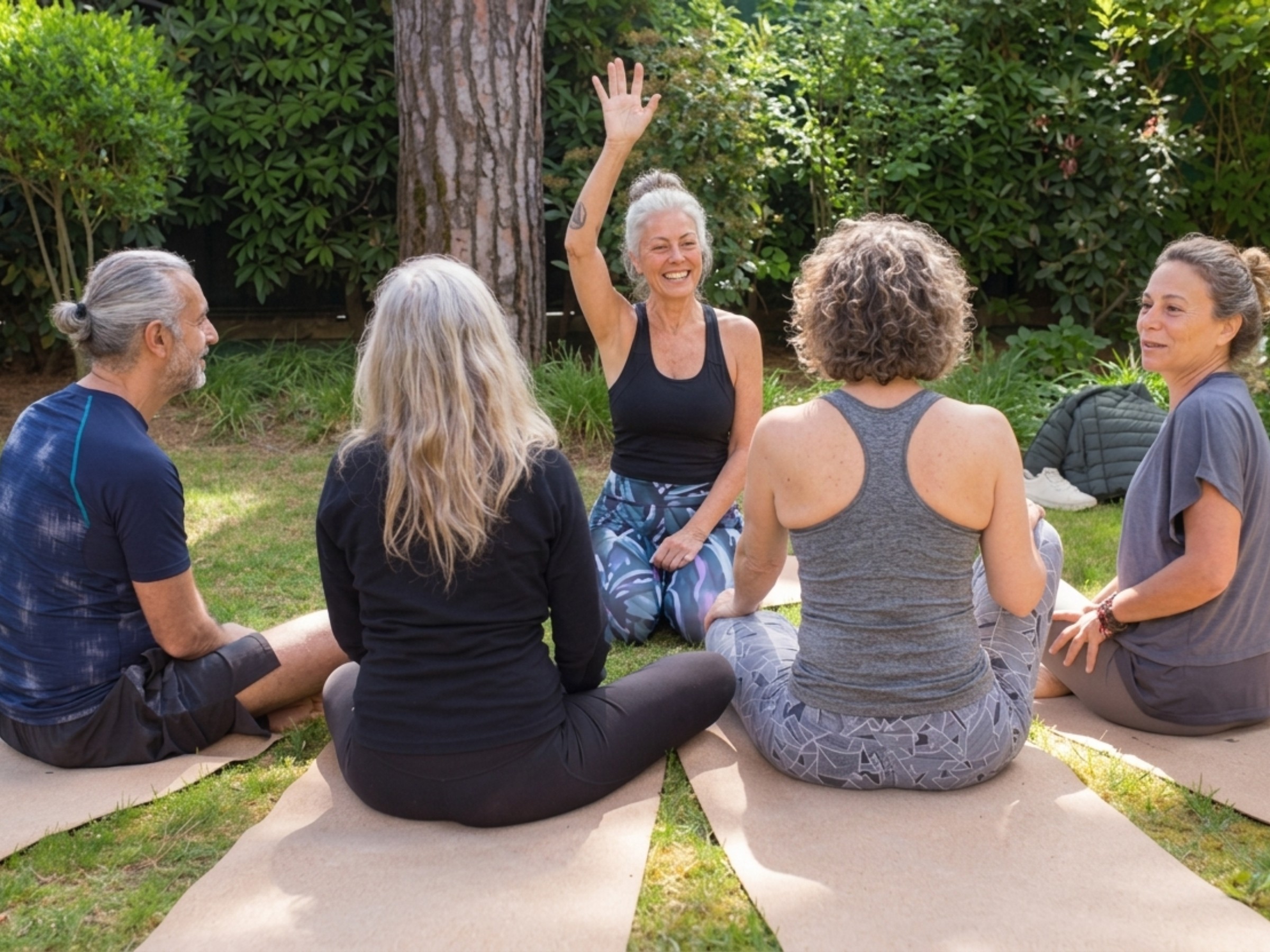 A medium shot of five diverse adults sitting together on mats in a circle on a lawn, smiling warmly. One woman in black is speaking to the group, sharing a thought while others listen.