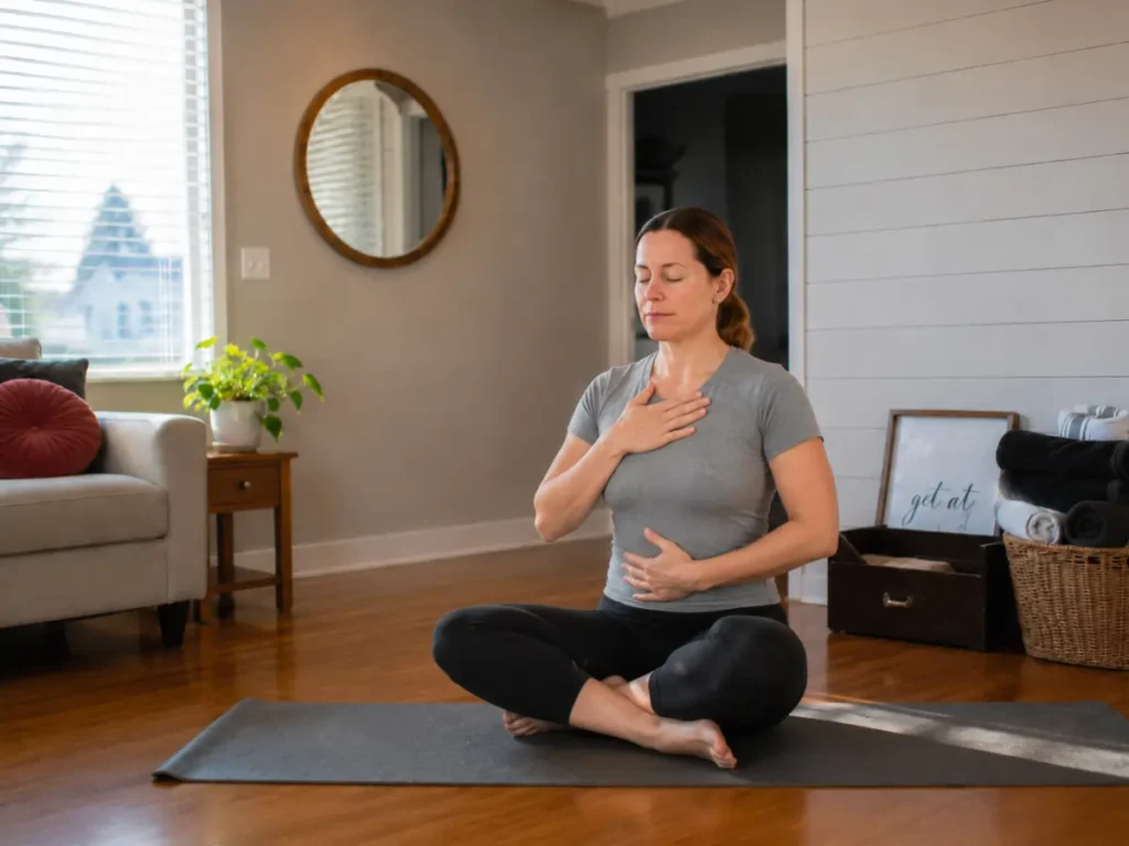 beginner practicing Ujjayi breathing during morning yoga routine at home with calm posture and deep breathing