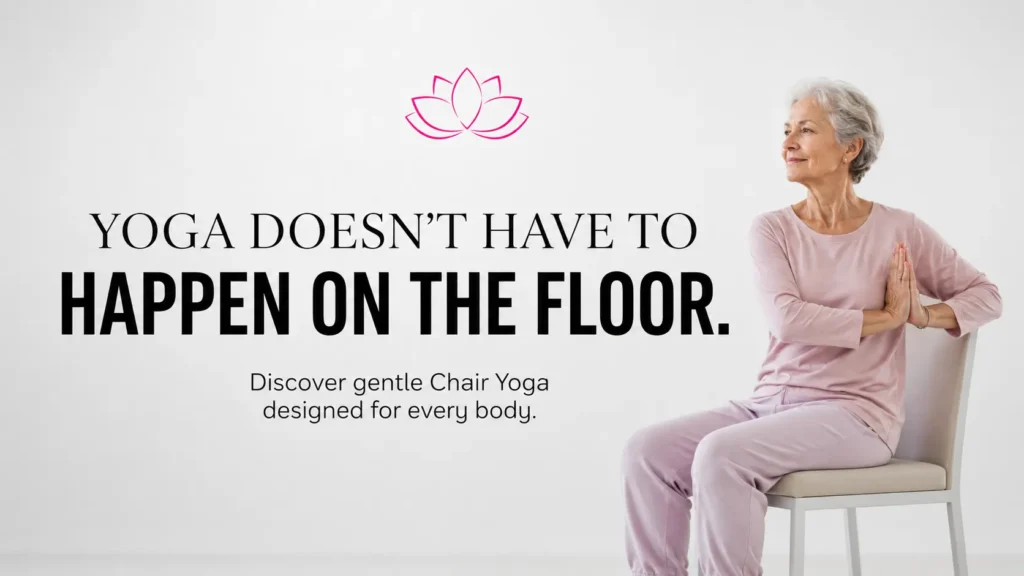 Senior woman practicing Chair Yoga while seated on a chair, demonstrating gentle, accessible yoga for older adults focused on mindfulness, healing, relaxation, and overall well-being.