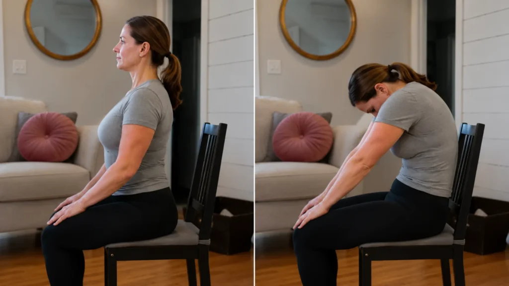 A side view split-screen showing a woman demonstrating a seated cat-cow variation on a chair. On the left, she sits with a neutral upright spine; on the right, she rounds her thoracic and lumbar spine to stretch and decompress her erector spinae muscles.