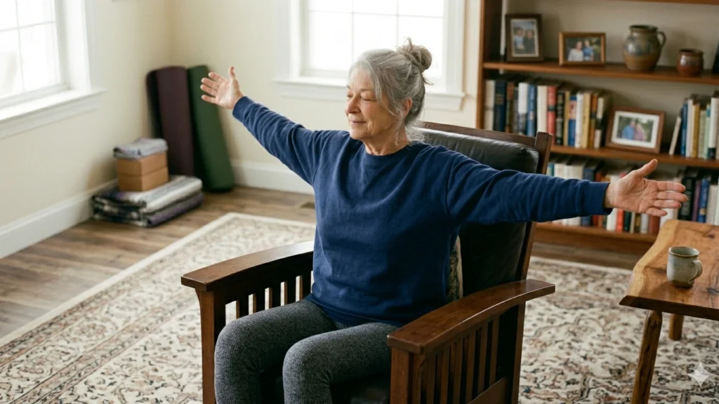 A woman practicing seated yoga in her living room, demonstrating an accessible alternative to traditional floor-based yoga.