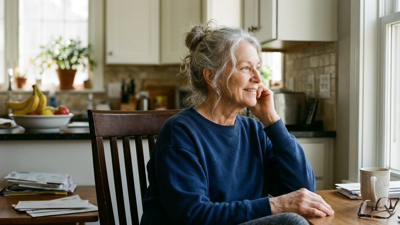 A 68-year-old woman with silver-grey hair sits peacefully in a wooden chair in a sunlit American kitchen, smiling gently.