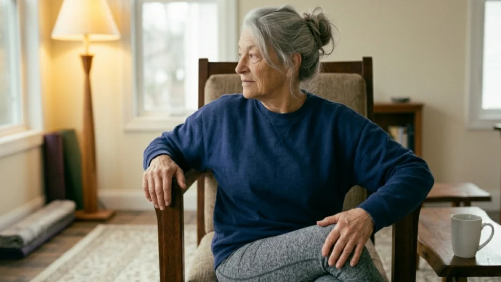 A senior woman performing a controlled seated twist by resting her hand on the back of a wooden chair in her home.