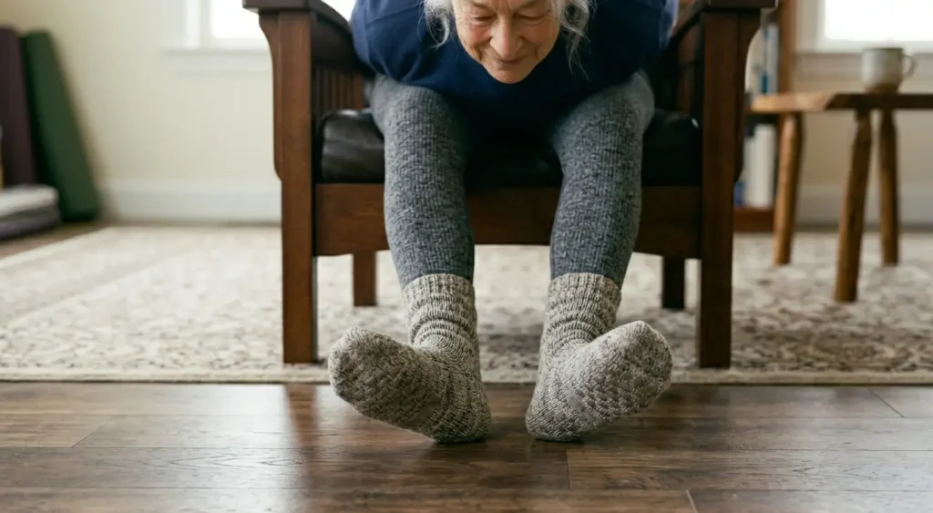 Close-up of a senior’s feet in non-slip socks planted firmly on a hardwood floor, emphasizing stability near a chair.