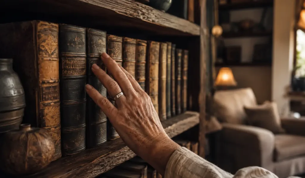 Normal Aging vs Dementia: A close-up of a senior person's hand with a ring, gently touching the spine of an antique, leather-bound book on a dark wooden bookshelf, symbolizing the concept of accumulated wisdom and crystallized intelligence.