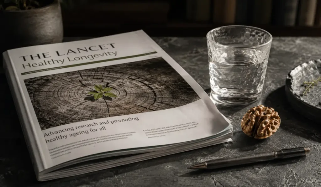 Close-up of a grounded senior hand resting gently on a highly polished, natural wood slab table, illustrating somatic awareness and connection to the present moment.
