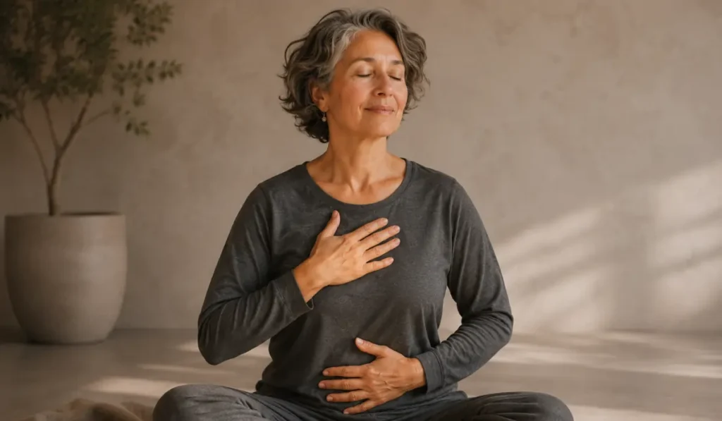 "A mature woman with curly gray hair, seated in a tranquil studio with her hands on her chest and abdomen, practicing conscious box breathing for vagal tone and cortisol reduction."
