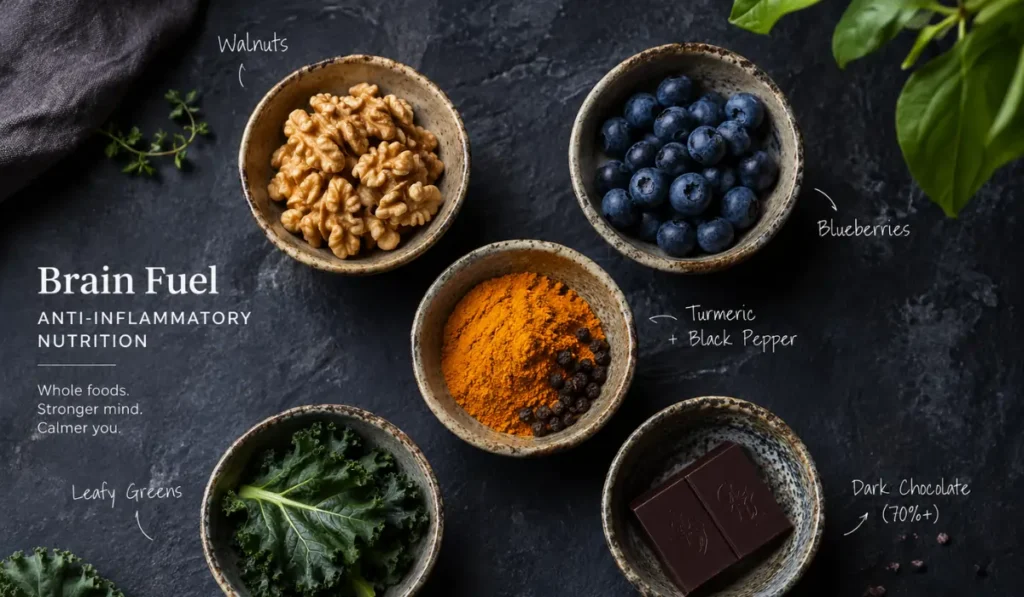 A textured, overhead shot of rustic ceramic bowls containing 'Soma-Superfoods' (blueberries, walnuts, turmeric with black pepper, and dark chocolate) for anti-inflammatory brain nutrition.