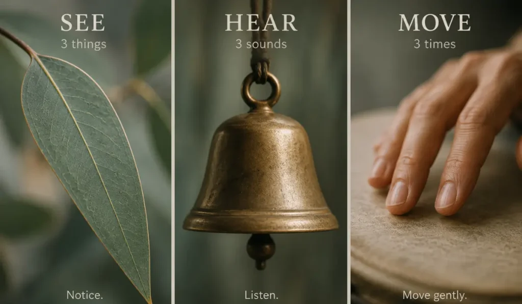 A detailed visual breakdown of the '3-3-3 Rule' for grounding: a eucalyptus leaf, a traditional brass bell, and a senior hand tapping a drum for integrated somatic focus.