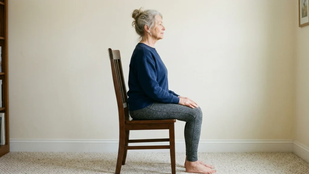 Side view of a senior woman sitting in an armless chair with feet flat and knees at a 90-degree angle for safe posture.