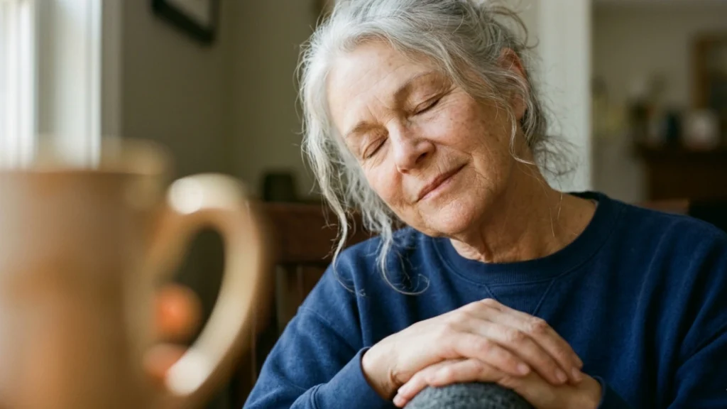 Close-up of a senior woman with her eyes closed, gently tilting her head to the side to stretch her neck and shoulders.