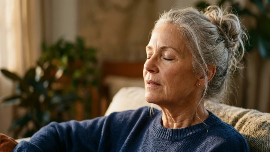 Close-up of a senior woman’s face in soft golden-hour light as she breathes deeply with her eyes closed in a moment of peace.