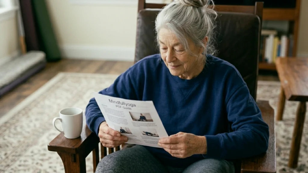 Close-up of a woman’s hands holding a printed MindfulYoga routine PDF next to a white coffee mug on a side table.