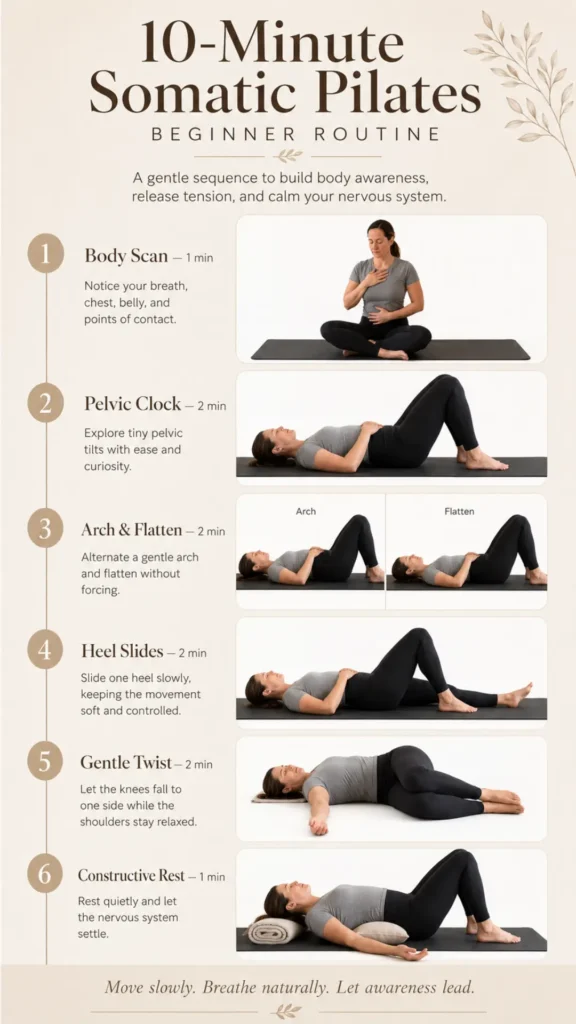 Infographic featuring a 10-minute daily movement flow for Somatic Pilates for Beginners.