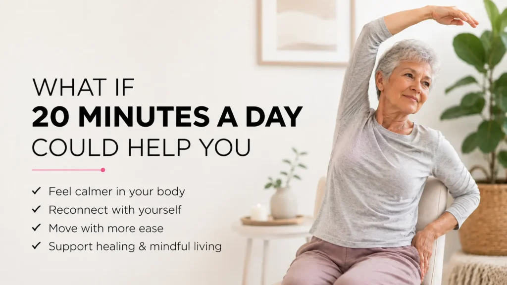 Senior woman practicing a gentle seated side stretch during a chair yoga session, highlighting how 20 minutes a day can improve mobility, relaxation, mindfulness, and overall well-being.
