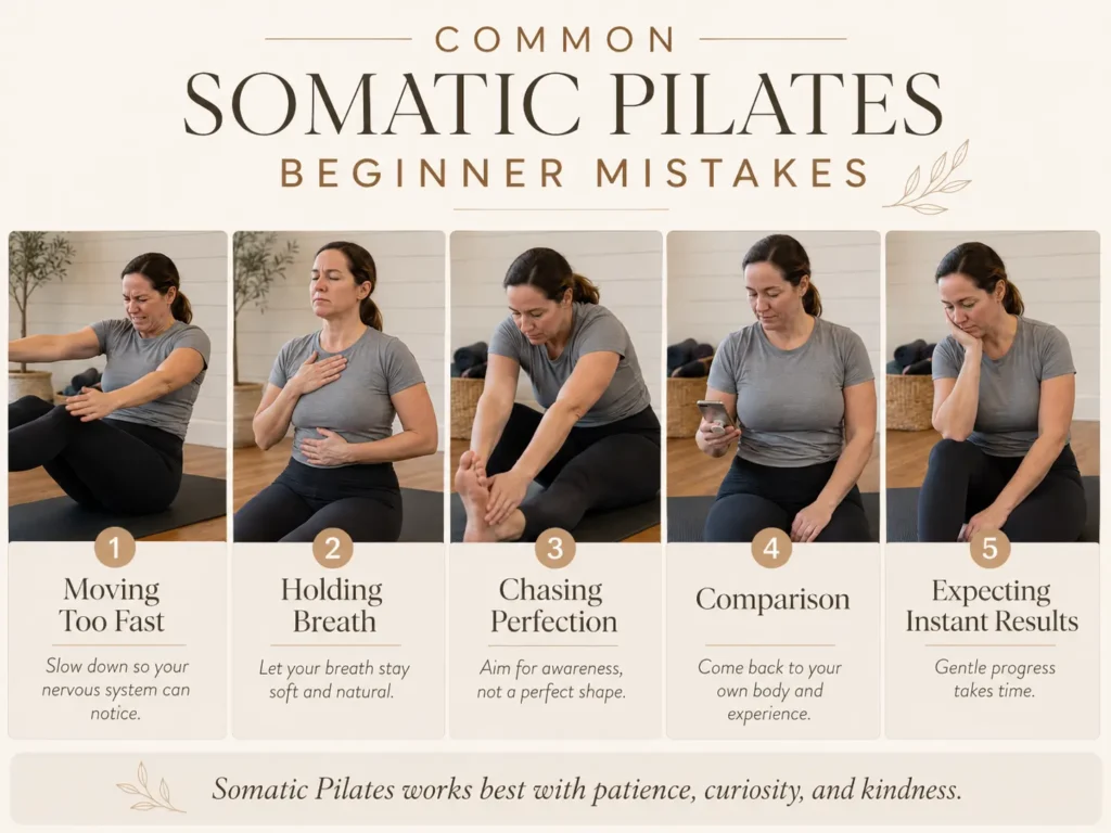 Infographic showing how to avoid common errors in Somatic Pilates for Beginners.