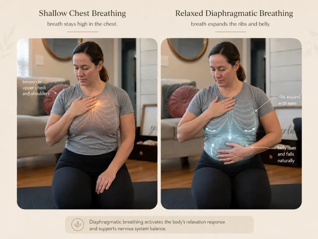 Illustration demonstrating breath awareness techniques for Somatic Pilates for Beginners.
