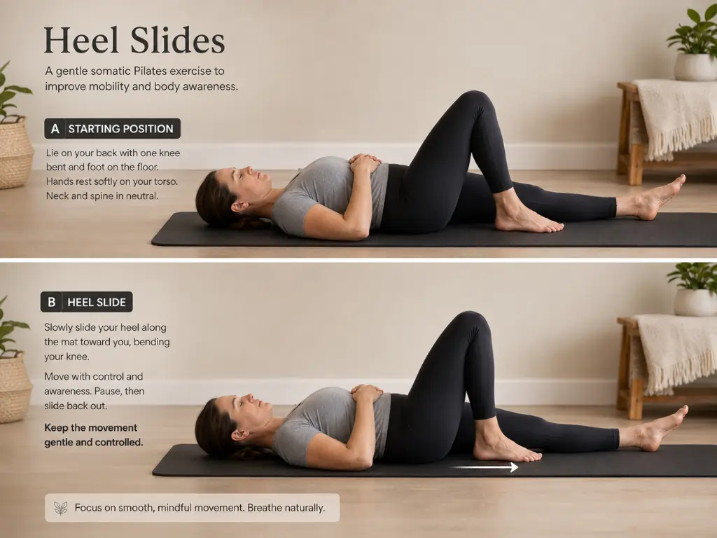 Instructional diagram for the Heel Slides exercise, perfect for Somatic Pilates for Beginners.