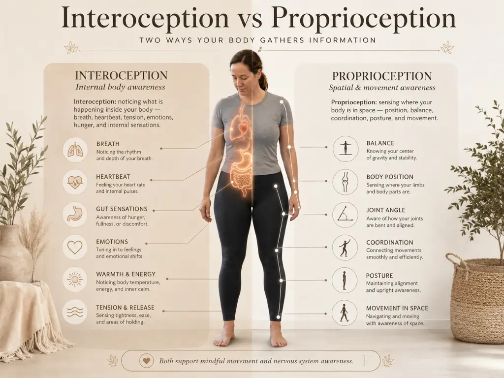 Educational chart explaining interoception and proprioception for Somatic Pilates for Beginners.