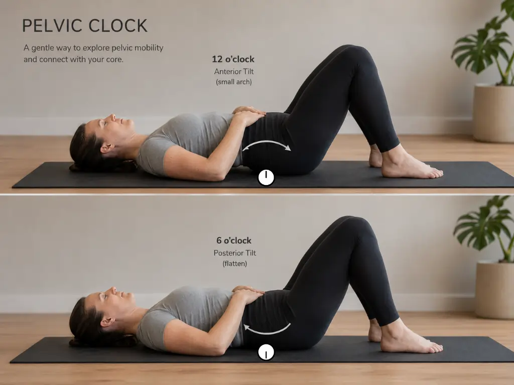Step-by-step visual of the Pelvic Clock exercise for a Somatic Pilates for Beginners routine.