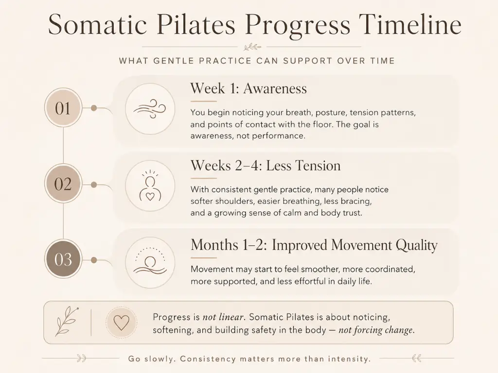 Infographic showing expected results and progress for a Somatic Pilates for Beginners journey.