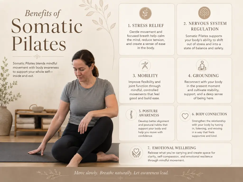 Pinterest graphic outlining the health and wellness benefits of Somatic Pilates for Beginners.